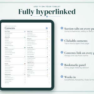 May include: A digital tablet displaying a fully hyperlinked planner contents page with sections for health, safety, and daily care. The screen features clickable contents, section tabs, and a bookmarks panel, compatible with apps like GoodNotes.
