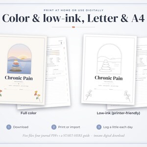 May include: A digital Chronic Pain journal template featuring two versions: a full-color version with a stacked stone illustration and a low-ink, printer-friendly version. Both include space for daily logs, notes, and tracking.