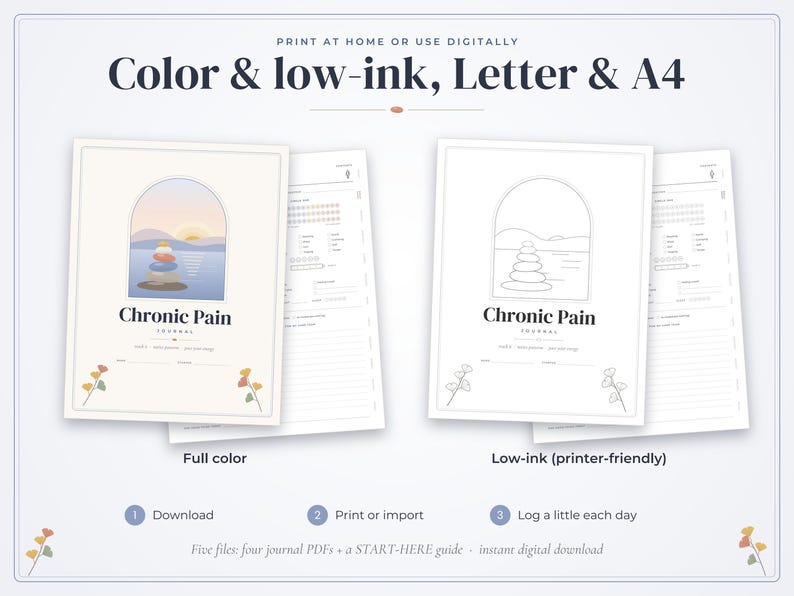 May include: A digital Chronic Pain journal template featuring two versions: a full-color version with a stacked stone illustration and a low-ink, printer-friendly version. Both include space for daily logs, notes, and tracking.