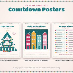 May include: Three countdown posters titled Color One in Every Day. The first poster features a green Christmas tree with 24 numbered ornaments. The second shows a colorful village with 24 windows. The third is a 24 Days of Fun checklist.