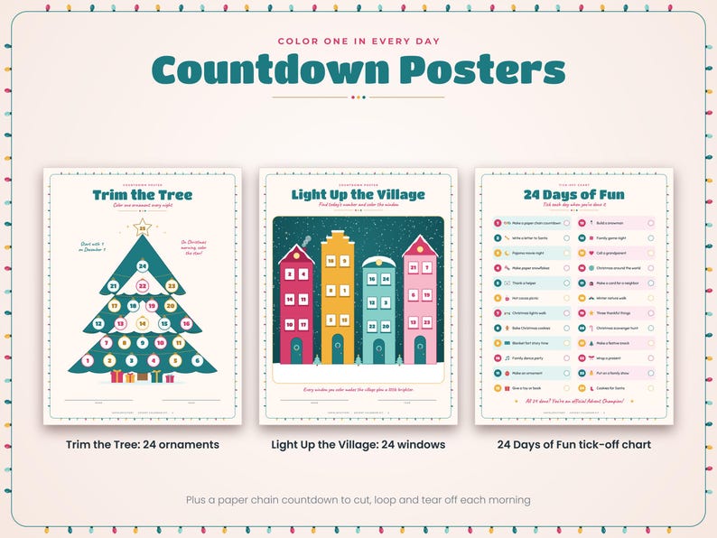 May include: Three countdown posters titled Color One in Every Day. The first poster features a green Christmas tree with 24 numbered ornaments. The second shows a colorful village with 24 windows. The third is a 24 Days of Fun checklist.