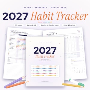 May include: A 2027 habit tracker digital planner with 117 pages, featuring dated layouts, hyperlinked navigation, and options for Letter or A4 sizes. The cover displays the text 2027 Habit Tracker with a colorful dot grid pattern.