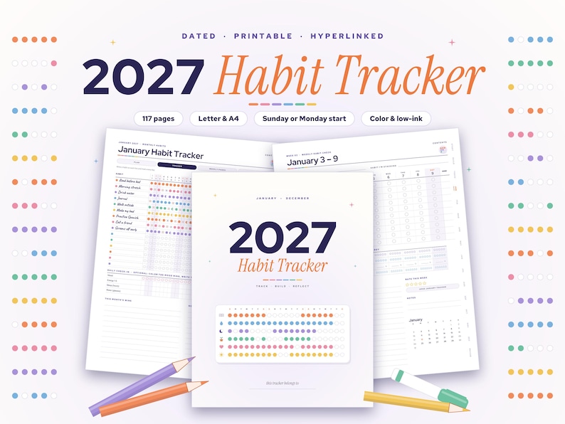 May include: A 2027 habit tracker digital planner with 117 pages, featuring dated layouts, hyperlinked navigation, and options for Letter or A4 sizes. The cover displays the text 2027 Habit Tracker with a colorful dot grid pattern.