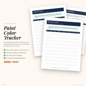 May include: A stack of white Paint Color Tracker sheets with a navy blue header. The text on the sheets includes "Paint Color Tracker" and details for recording paint information. The sheets are designed for home renovation projects.