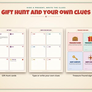 Puede incluir: Un conjunto de actividades imprimibles titulado Gift Hunt and Your Own Clues, que incluye tres p&aacute;ginas con secciones para tarjetas de b&uacute;squeda de regalos, escritura de pistas propias y letreros coloridos con iconos.