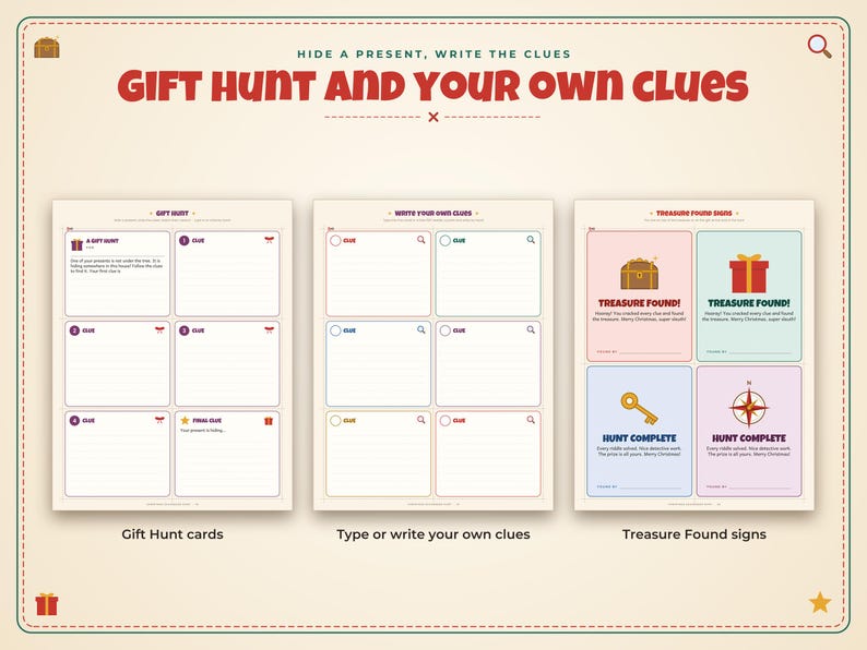 Puede incluir: Un conjunto de actividades imprimibles titulado Gift Hunt and Your Own Clues, que incluye tres p&aacute;ginas con secciones para tarjetas de b&uacute;squeda de regalos, escritura de pistas propias y letreros coloridos con iconos.
