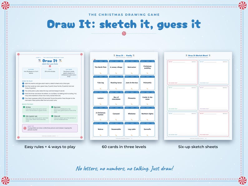 May include: A Christmas drawing game titled Draw It: sketch it, guess it. The set includes a page with rules and four ways to play, a page with sixty cards in three levels featuring holiday prompts, and a page with six-up sketch sheets for drawing.