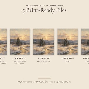 May include: A digital download set featuring five print-ready files of a winter landscape painting. The artwork depicts a snow-covered field with a winding stream, evergreen trees, and distant hills under a soft sunset sky. Text labels indicate ratios.