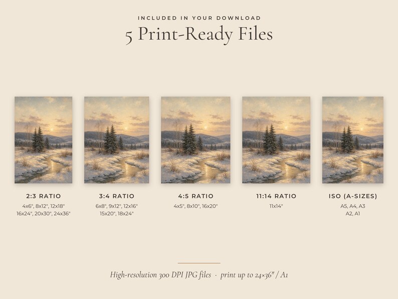 May include: A digital download set featuring five print-ready files of a winter landscape painting. The artwork depicts a snow-covered field with a winding stream, evergreen trees, and distant hills under a soft sunset sky. Text labels indicate ratios.