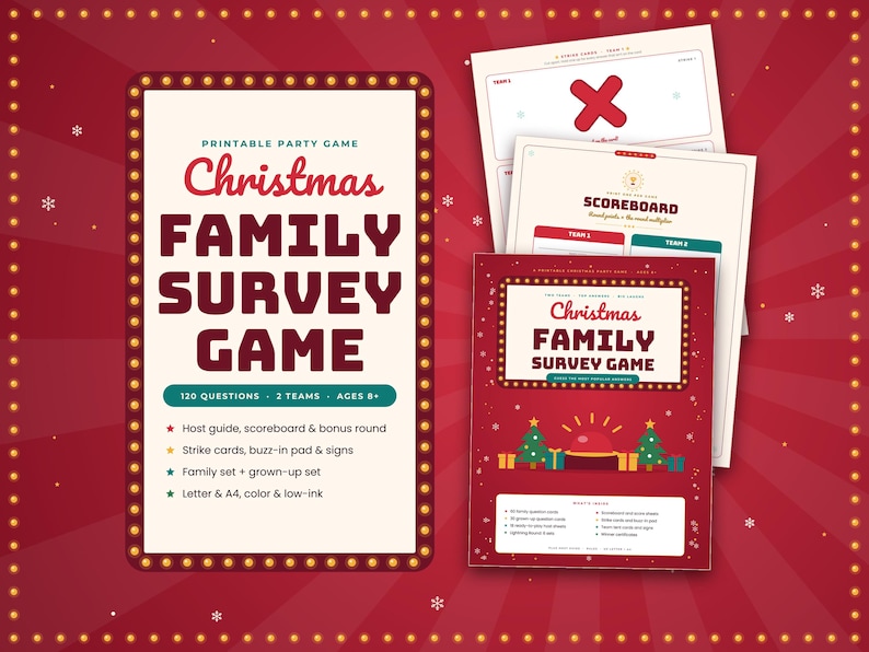 May include: A printable Christmas Family Survey Game set featuring a red and white theme with marquee-style borders. The game includes a host guide, scoreboard, strike cards, and buzz-in pads, with text detailing 120 questions for 2 teams, ages 8+.