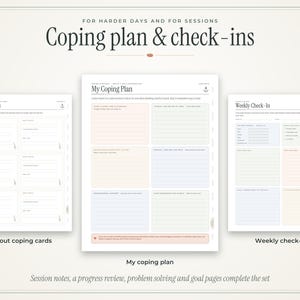 May include: A set of printable documents titled Coping plan & check-ins, including a My Coping Plan sheet with pastel-colored sections, a sheet of Coping Cards, and a Weekly Check-In form, all featuring black text and anchor icons.