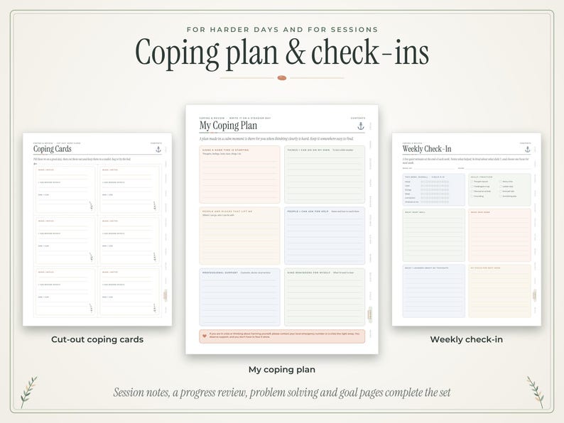 May include: A set of printable documents titled Coping plan & check-ins, including a My Coping Plan sheet with pastel-colored sections, a sheet of Coping Cards, and a Weekly Check-In form, all featuring black text and anchor icons.