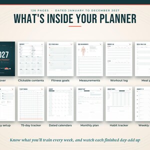 Pode incluir: Um planejador de fitness 2027 de 126 p&aacute;ginas com uma capa escura contendo o texto 2027 Fitness Planner. O layout exibe v&aacute;rias p&aacute;ginas internas, incluindo conte&uacute;do clic&aacute;vel, metas de fitness, medidas corporais, registros de treino, planos de refei&ccedil;&otilde;es, configura&ccedil;&atilde;o de desafio de 75 dias, rastreadores, calend&aacute;rios datados, planos mensais e p&aacute;ginas semanais.