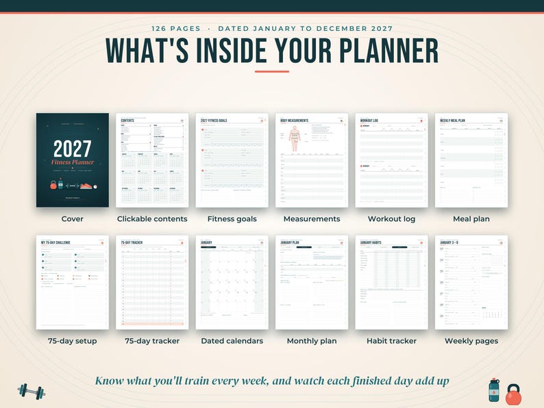Pode incluir: Um planejador de fitness 2027 de 126 p&aacute;ginas com uma capa escura contendo o texto 2027 Fitness Planner. O layout exibe v&aacute;rias p&aacute;ginas internas, incluindo conte&uacute;do clic&aacute;vel, metas de fitness, medidas corporais, registros de treino, planos de refei&ccedil;&otilde;es, configura&ccedil;&atilde;o de desafio de 75 dias, rastreadores, calend&aacute;rios datados, planos mensais e p&aacute;ginas semanais.