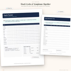 May include: A white paper cycle tracker and symptom log with the text "Track Cycles & Symptoms Together." The cycle tracker includes a 12-month grid. The symptom log lists 17 symptoms. The text includes "0-5 Severity Scale."