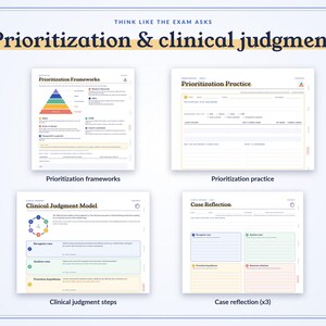 May include: A set of four educational worksheets titled Prioritization & clinical judgment. The pages include Prioritization Frameworks with a pyramid diagram, Prioritization Practice, Clinical Judgment Model with a circular flow chart, and Case Reflection with color-coded sections for nursing study.