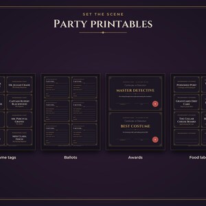 May include: A set of dark purple party printables featuring gold text. The collection includes name tags with character titles, voting ballots, award certificates for Master Detective and Best Costume, and food labels for themed party items.