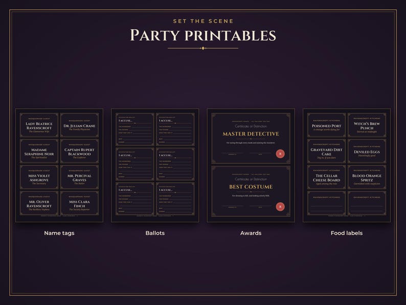 May include: A set of dark purple party printables featuring gold text. The collection includes name tags with character titles, voting ballots, award certificates for Master Detective and Best Costume, and food labels for themed party items.