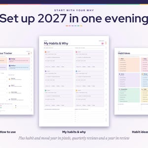 May include: A digital habit tracker set featuring three pages titled Set up 2027 in one evening, How to Use Your Tracker, My Habits & Why, and Habit Ideas. The pages include pastel-colored sections for planning habits, tracking moods, and yearly reviews.