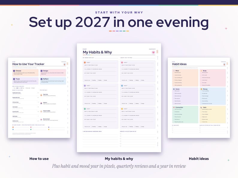 May include: A digital habit tracker set featuring three pages titled Set up 2027 in one evening, How to Use Your Tracker, My Habits & Why, and Habit Ideas. The pages include pastel-colored sections for planning habits, tracking moods, and yearly reviews.