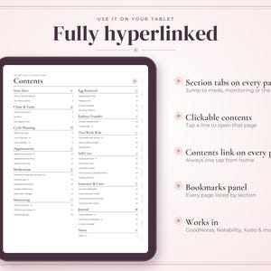 May include: A digital tablet displaying a fully hyperlinked fertility planner contents page. The screen shows sections for egg retrieval, embryo transfer, two-week wait, and self-care. Text highlights features like section tabs, clickable contents, and compatibility with apps like GoodNotes and Notability.