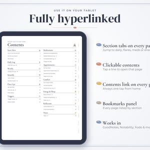 May include: A digital tablet displaying a contents page for a health journal. The screen shows sections for daily logs, medications, appointments, comfort, energy, sleep, and reflection. Text includes "Fully hyperlinked" and "Use it on your tablet."