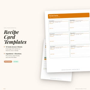 Puede incluir: Plantillas de tarjetas de recetas con un encabezado naranja y un fondo blanco. Las tarjetas tienen espacios para el nombre de la receta, los ingredientes y las instrucciones. El texto de la imagen dice "Plantillas de tarjetas de recetas" y "12 tarjetas en 2 hojas."