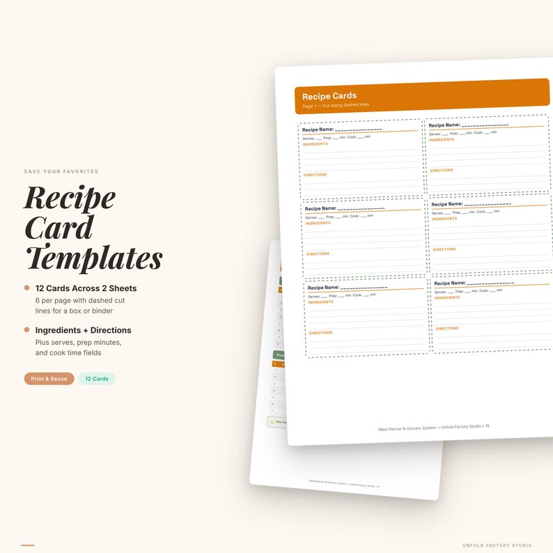 Puede incluir: Plantillas de tarjetas de recetas con un encabezado naranja y un fondo blanco. Las tarjetas tienen espacios para el nombre de la receta, los ingredientes y las instrucciones. El texto de la imagen dice "Plantillas de tarjetas de recetas" y "12 tarjetas en 2 hojas."