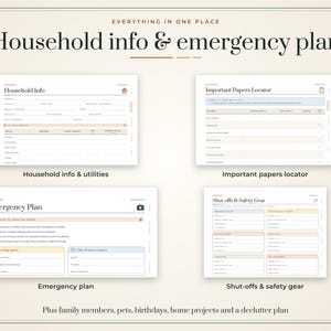 Puede incluir: Un conjunto de plantillas digitales de informaci&oacute;n dom&eacute;stica y plan de emergencia con cuatro p&aacute;ginas tituladas Household Info, Important Papers Locator, Emergency Plan y Shut-offs & Safety Gear, incluyendo secciones para familia y mascotas.