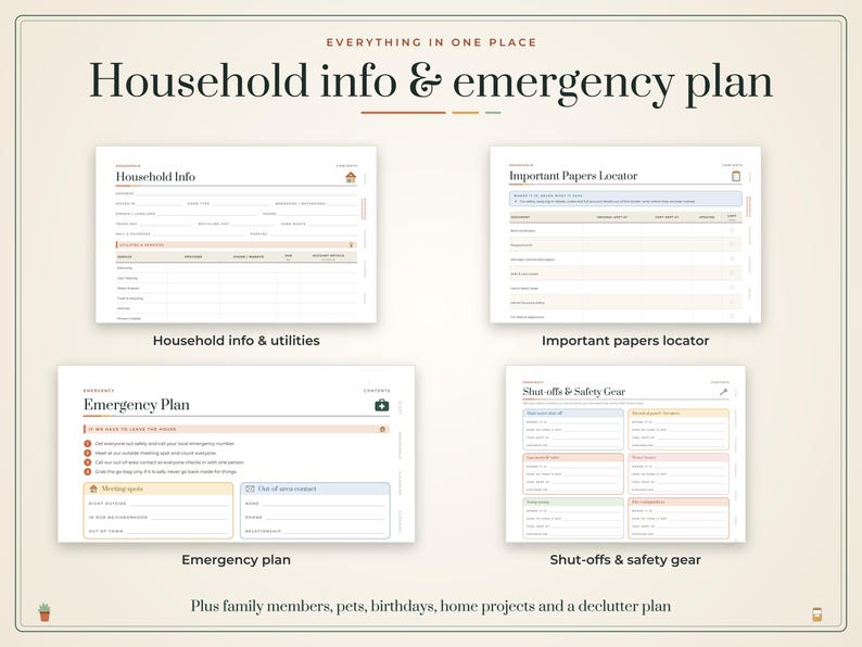 Puede incluir: Un conjunto de plantillas digitales de informaci&oacute;n dom&eacute;stica y plan de emergencia con cuatro p&aacute;ginas tituladas Household Info, Important Papers Locator, Emergency Plan y Shut-offs & Safety Gear, incluyendo secciones para familia y mascotas.