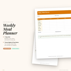 Puede incluir: Un planificador de comidas semanal blanco con un encabezado naranja. El planificador incluye una cuadr&iacute;cula de 7 d&iacute;as para el desayuno, el almuerzo, la cena y los refrigerios. Tambi&eacute;n presenta noches tem&aacute;ticas y notas de preparaci&oacute;n.