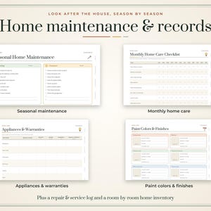 Puede incluir: Un planificador digital de mantenimiento y registros del hogar con cuatro p&aacute;ginas: Seasonal Home Maintenance, Monthly Home Care Checklist, Appliances & Warranties y Paint Colors & Finishes, adem&aacute;s de un registro de reparaciones.