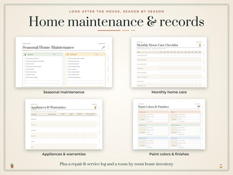 Puede incluir: Un planificador digital de mantenimiento y registros del hogar con cuatro p&aacute;ginas: Seasonal Home Maintenance, Monthly Home Care Checklist, Appliances & Warranties y Paint Colors & Finishes, adem&aacute;s de un registro de reparaciones.