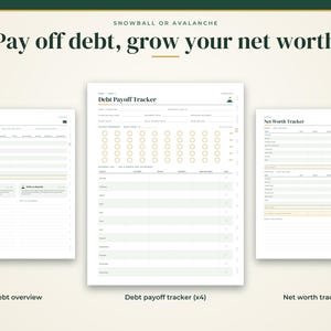 May include: A digital financial planning set featuring three white pages titled Debt Overview, Debt Payoff Tracker, and Net Worth Tracker. The text reads Snowball or Avalanche, Pay off debt, grow your net worth, and includes various tables, rows, and circular icons for tracking progress.