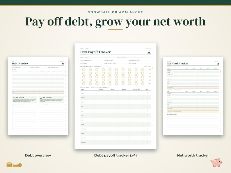 May include: A digital financial planning set featuring three white pages titled Debt Overview, Debt Payoff Tracker, and Net Worth Tracker. The text reads Snowball or Avalanche, Pay off debt, grow your net worth, and includes various tables, rows, and circular icons for tracking progress.