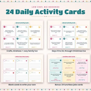 May include: A set of 24 daily activity cards titled Low Cost, Big Memories, featuring colorful grids with holiday-themed prompts, blank write-your-own cards, and lunchbox joke cards. The cards are arranged in four sections with festive borders.