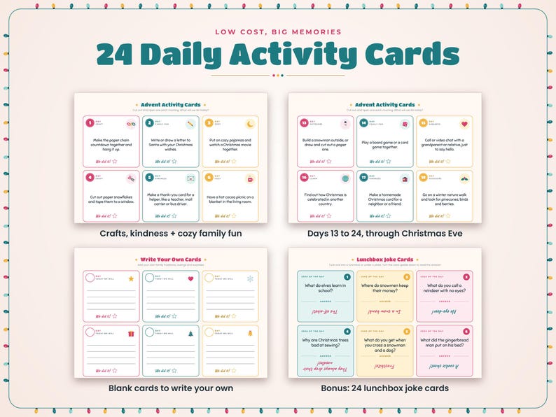 May include: A set of 24 daily activity cards titled Low Cost, Big Memories, featuring colorful grids with holiday-themed prompts, blank write-your-own cards, and lunchbox joke cards. The cards are arranged in four sections with festive borders.