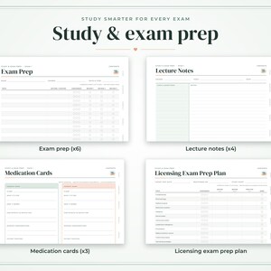 May include: A digital study and exam prep planner set featuring four distinct templates: Exam Prep, Lecture Notes, Medication Cards, and Licensing Exam Prep Plan. Each white page includes organized sections, checkboxes, and headers for academic tracking and organization.