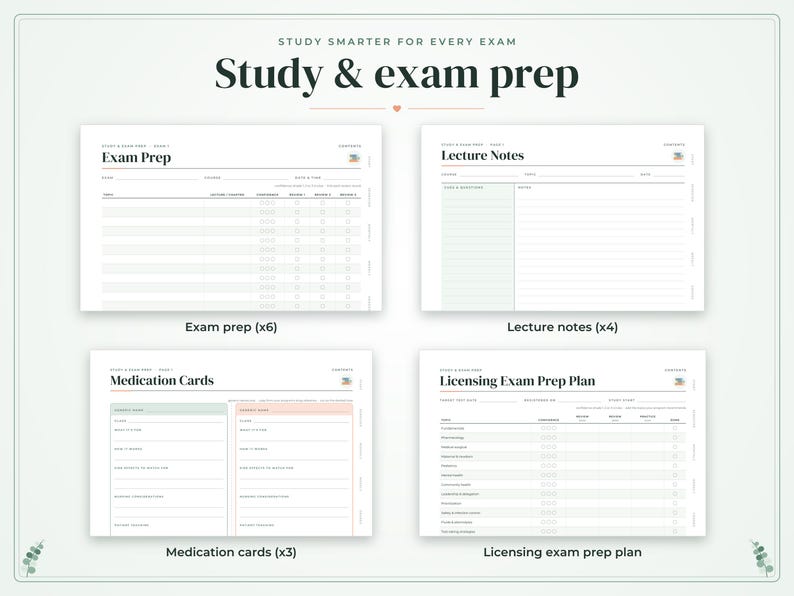May include: A digital study and exam prep planner set featuring four distinct templates: Exam Prep, Lecture Notes, Medication Cards, and Licensing Exam Prep Plan. Each white page includes organized sections, checkboxes, and headers for academic tracking and organization.