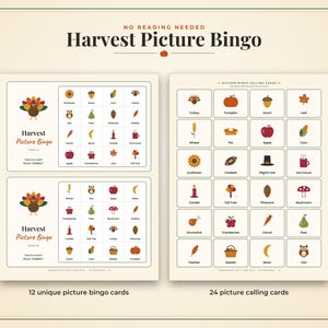 May include: A Harvest Picture Bingo game set featuring two bingo cards on the left and a sheet of twenty-four calling cards on the right. The cards display colorful autumn-themed icons like turkeys, pumpkins, acorns, and leaves with text labels.