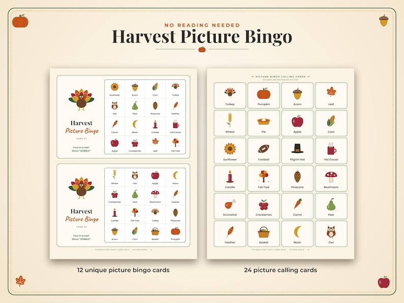 May include: A Harvest Picture Bingo game set featuring two bingo cards on the left and a sheet of twenty-four calling cards on the right. The cards display colorful autumn-themed icons like turkeys, pumpkins, acorns, and leaves with text labels.