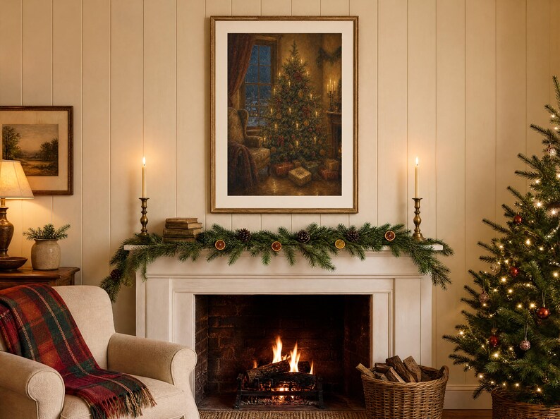 May include: A framed wall art print depicting a cozy room with a lit Christmas tree, presents, and a window view. The artwork is displayed above a white fireplace mantel decorated with a green pine garland, dried orange slices, and candles.