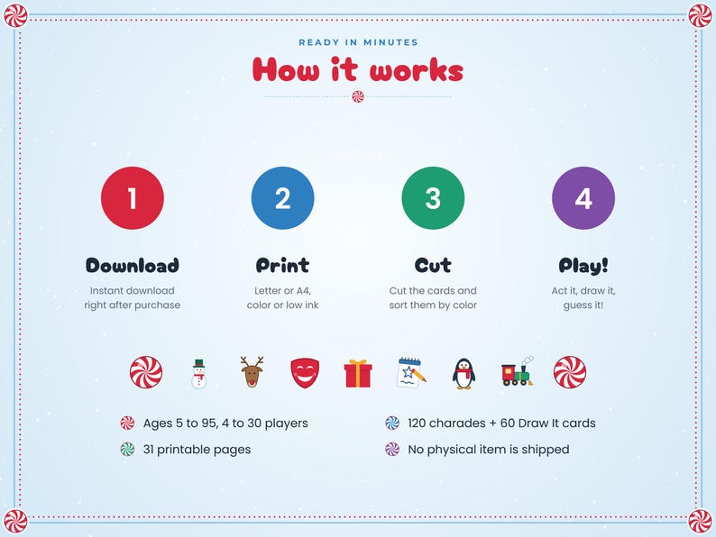 May include: An instructional graphic titled How it works with four numbered steps: 1 Download, 2 Print, 3 Cut, and 4 Play. It includes icons of a snowman, reindeer, mask, gift, notepad, penguin, and train, plus details for 4 to 30 players and 120 charades.