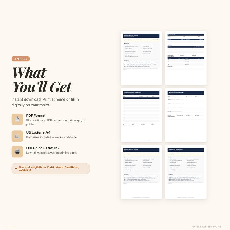 Peut inclure: Un planificateur num&eacute;rique avec un fond cr&egrave;me et des accents bleu fonc&eacute;. L'image comprend le texte "What You'll Get" et des d&eacute;tails sur le format PDF, les tailles US Letter + A4, et les options couleur et faible encre. Fonctionne &eacute;galement sur iPad et tablettes.