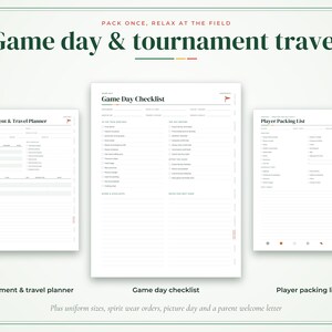 Może przedstawiać: Zestaw trzech arkuszy planowania do druku zatytułowanych Game Day Checklist, Tournament & Travel Planner oraz Player Packing List. Dokumenty zawierają czarny tekst, czerwone akcenty i małe ikony flag do organizacji wyjazd&oacute;w sportowych.