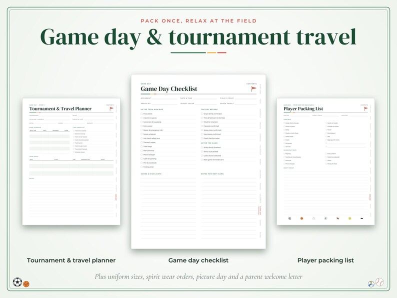 Może przedstawiać: Zestaw trzech arkuszy planowania do druku zatytułowanych Game Day Checklist, Tournament & Travel Planner oraz Player Packing List. Dokumenty zawierają czarny tekst, czerwone akcenty i małe ikony flag do organizacji wyjazd&oacute;w sportowych.