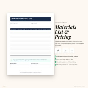 May include: A white document titled "Materials List & Pricing - Page 1" with a dark blue header. The document includes columns for item description, brand, quantity, and price. Text on the right side reads "Materials List & Pricing".