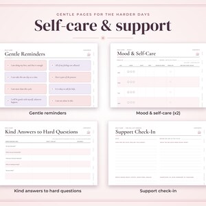May include: A digital planner set titled Gentle Pages for the Harder Days: Self-care & support. It includes four templates: Gentle Reminders with affirmations, Mood & Self-Care trackers, Kind Answers to Hard Questions, and a Support Check-In.