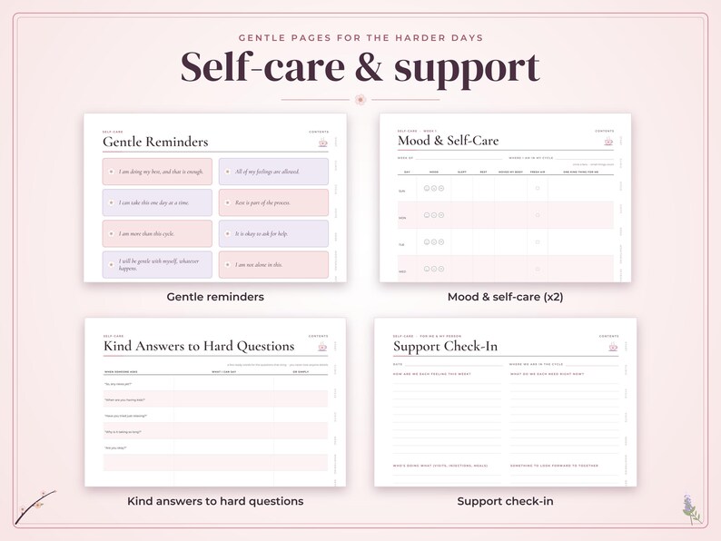 May include: A digital planner set titled Gentle Pages for the Harder Days: Self-care & support. It includes four templates: Gentle Reminders with affirmations, Mood & Self-Care trackers, Kind Answers to Hard Questions, and a Support Check-In.