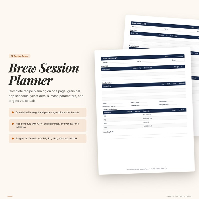 Peut inclure: Un planificateur de brassage blanc avec le texte "Brew Session Planner" en gras. Le planificateur comprend des sections pour la liste des grains, le programme de houblonnage, les d&eacute;tails de la levure et les cibles par rapport aux r&eacute;sultats r&eacute;els.